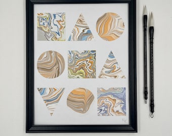 ORIGINAL Mid-Century Modern Wall Art, Bauhaus Suminagashi Abstract Collage, Unique Japanese Marble Painting, Geometric Art, Home Decor Gift