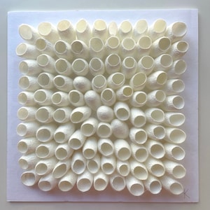 May include: A white square artwork made of numerous white silk cocoons arranged in a grid pattern.