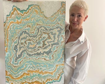 Suminagashi Japanese Wall Art - Sage Green Japandi Marbling Art, Zen Neutral Wall Decor, Modern Large Fine Art, Unique Housewarming Gift