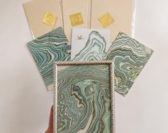 ORIGINAL Mini Painting, Sage Green Abstract small Art, Japandi Shelf Decor, Forest Inspired Gift, Handmade Japanese  Suminagashi  Art, 5x7''