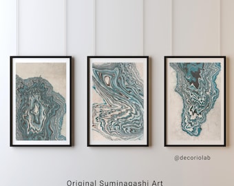 Original Suminagashi 3 Piece Wall Art, Wabi Sabi Triptych, Ocean Blue Japandi Decor, Teal Japanese Marbled Art for Calm Home Office, 11x14''