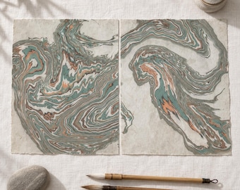 Sage Green Wall Art Set of 2, ORIGINAL Suminagashi Diptych, Japanese Marbling Ink Art, Teal Green Line Art for Modern Home and Office Decor