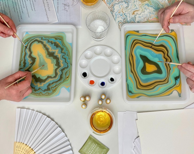 Date Night Box, Marbling Kit for Couples, Japanese Art Painting Craft Kit for Adults, Fun Gift Idea for Two Romantic Sip and Paint Party Set