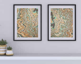 Original Earth Tone Suminagashi Diptych, Japanese Abstract Set of 2 paintings, Minimalist Gallery Wall Decor Art Gift for modern space