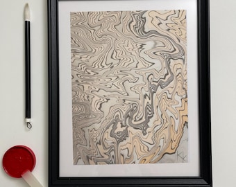 Minimalist Grey and Orange Ink Art – ORIGINAL Zen Abstract Line Painting – Japanese Wabi Sabi Wall Decor for Home, Office, Meditation, Gift