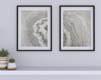 Neutrale Suminagashi-tweeluik muurkunst set van 2, zwart-witte abstracte marmerschilderijen, minimalistisch Japandi zen-kunstwerk voor modern interieur