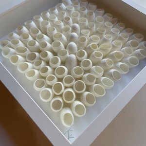 May include: A white framed artwork featuring a symmetrical arrangement of white silk cocoons, creating a textured and organic pattern.
