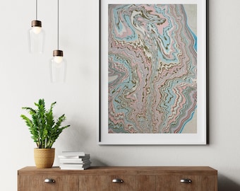 ORIGINAL Suminagashi Japanese Wall Art - Blue Pink Wabi Sabi Marbling Art, Zen Wall Decor, Modern Large Fine Art, Unique Housewarming Gift