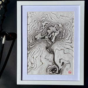 Arte de parede original Suminagashi preto e branco pintura abstrata japonesa em tinta decoração de quarto monocromática monotipia Japandi presente feito à mão "Árvore da Vida"