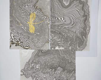 3-piece wall art: ORIGINAL Suminagashi Triptych Japanese Neutral Abstract Set of 3 Japandi Wall Decor Wabi-Sabi Art Gift for Home & Office