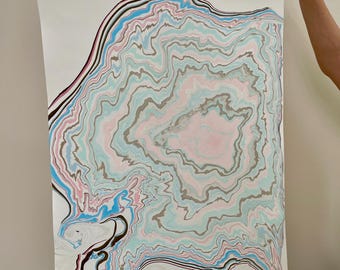 ORIGINAL Suminagashi - Large Coastal Art, Beach Wave Decor, Above Bed Marble Print, Watercolor Abstract Painting, Japanese Zen Artful Gift