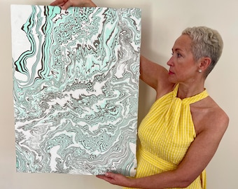 Original Suminagashi Painting: Sage Green Wabi Sabi Marbling Art