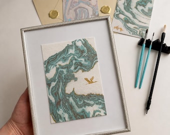 ORIGINAL Suminagashi Miniature Painting, Hand-Painted Japanese Marbled Art, Keepsake Gift, Desk Decor , Meditation  Art piece, 5x7''