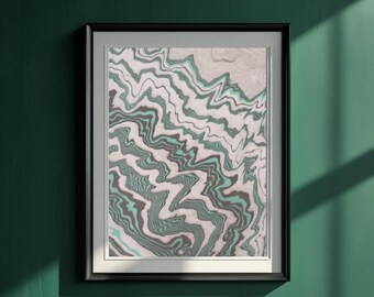 Suminagashi Ink Art 9x12 on Mulberry Paper, Handmade Japanese Marbled Painting, Green Grey Zen Abstract Japandi Decor, Wabi Sabi Art Unique