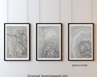 Original 3-piece Wall Art, WabiSabi Marble Suminagashi Triptych, Japanese Art Set of 3, Japandi Zen Decor, Minimalist Home Office Trio