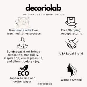 May include: A cream-colored graphic with the text "decoriolab ORIGINAL ART & HOME DECOR." The image includes text about handmade art, Suminagashi art, and eco-friendly materials. It also highlights the brand as a USA Local Brand and Women-Owned.