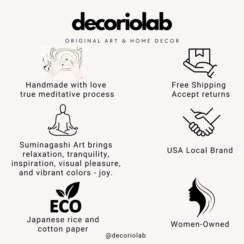 May include: A cream-colored graphic with the text "decoriolab ORIGINAL ART & HOME DECOR." The image includes text about handmade art, Suminagashi art, and eco-friendly materials. It also highlights the brand as a USA Local Brand and Women-Owned.