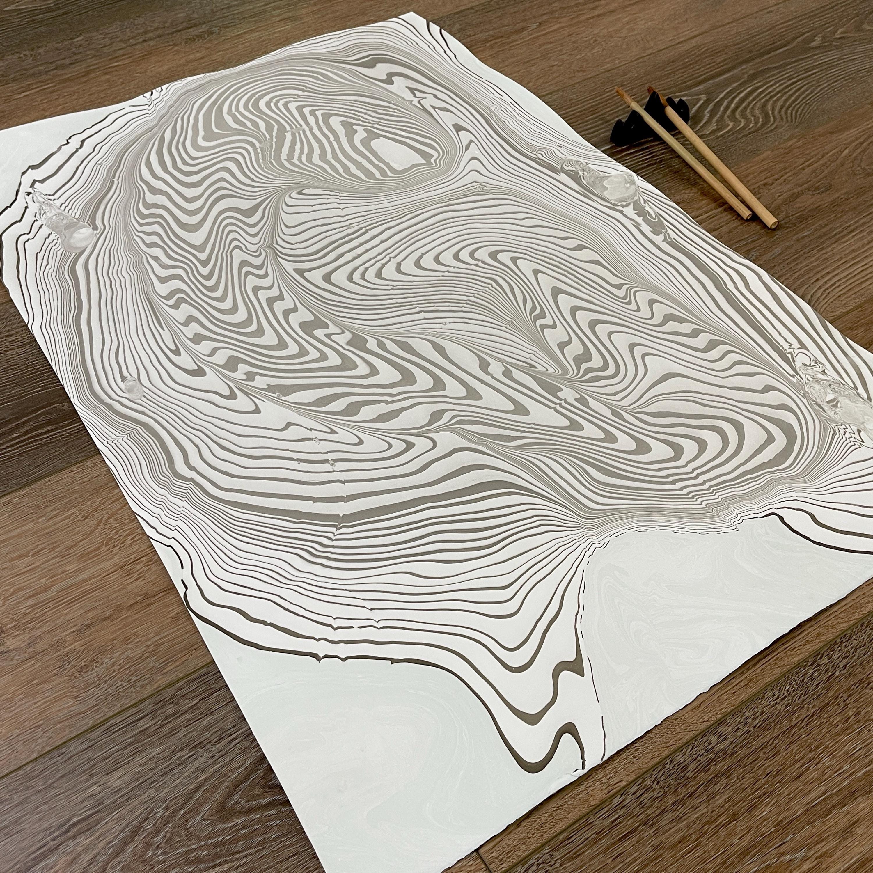 オリジナル墨流し和風ウォールアート - 黒と白の侘び寂びマーブル