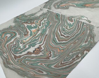 Sage Green Wall Art Set of 2, ORIGINAL Suminagashi Diptych, Japanese Marbling Ink Art, Teal Green Line Art for Modern Home and Office Decor