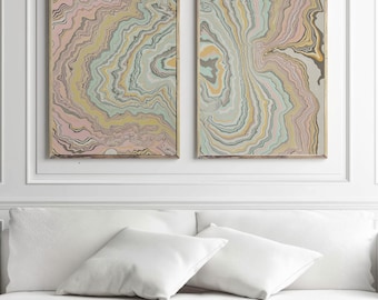 HAND-PAINTED Abstract Naturalism Art Set of 2 Japanese Suminagashi paintings Wavy lines room decor Aesthetic Above bed fluid Art Zen Gift