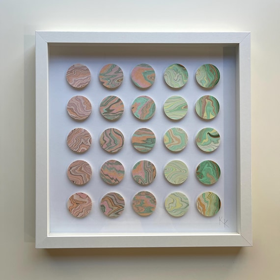 Mixed Media Art Collage Original Dot Art, Bookshelf decor, Marbled paper and wood Collage, Geometric Art, Gradient Japandi decor Unique gift
