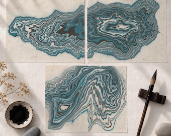 Original Suminagashi 3 Piece Wall Art, Wabi Sabi Triptych, Ocean Blue Japandi Decor, Teal Japanese Marbled Art for Calm Home Office, 11x14''