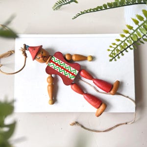 Vintage 1960s Wooden Jumping Jack Toy, MCM Mid Century Hand Painted Puppet, Gregor Creations Style, Pull String Arms & Legs, Nostalgic Toy