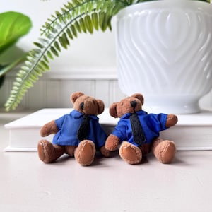 Vintage 1990s Miniature Plush Teddy Bears in Blue Shirts, Set of Two, Collectible Office Bears, Small Stuffed Animals, Dollhouse Bears