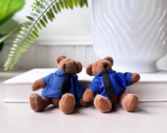 Vintage 1990s Miniature Plush Teddy Bears in Blue Shirts, Set of Two, Collectible Office Bears, Small Stuffed Animals, Dollhouse Bears