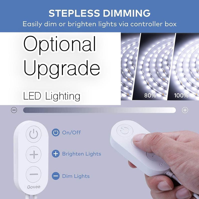 May include: Image of LED lighting with stepless dimming capabilities. The image shows a controller box and a remote control with buttons for on/off, brightening, and dimming the lights. The text "Optional Upgrade LED Lighting" is also visible.