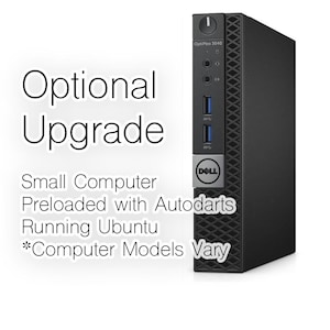 May include: A black Dell OptiPlex 3040 small computer. The computer has two USB ports, audio jacks, and a power button. Text on the image reads "Optional Upgrade", "Small Computer Preloaded with Autodarts Running Ubuntu *Computer Models Vary."
