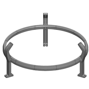 May include: A gray metal stand with a circular top and three legs. The stand has a vertical support in the center and curved supports connecting the legs to the circular top. The base of each leg is rectangular.