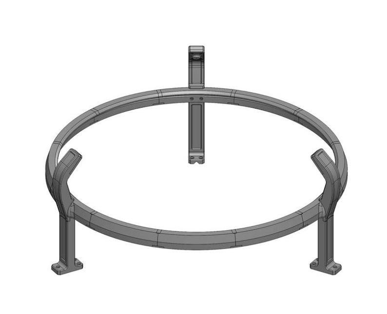 May include: A gray metal stand with a circular top and three legs. The stand has a vertical support in the center and curved supports connecting the legs to the circular top. The base of each leg is rectangular.