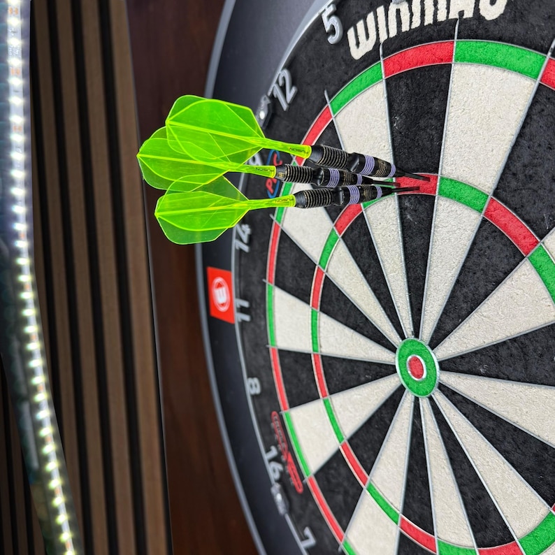 May include: A dartboard with three darts. The darts have neon green flights and black and silver barrels. The dartboard is black with white, green, and red sections. The word "WINNING" is visible on the board.