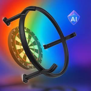 May include: A black dartboard surround and mounting system, designed to protect walls from stray darts. The dartboard is visible behind the surround, with a colorful gradient background. The image also includes a small AI logo.