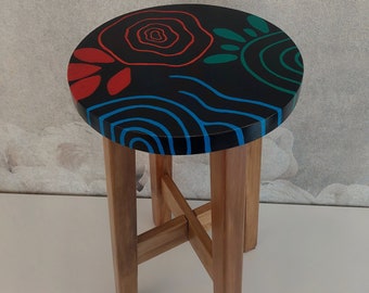 Solid wood stool with unique hand-painted accents