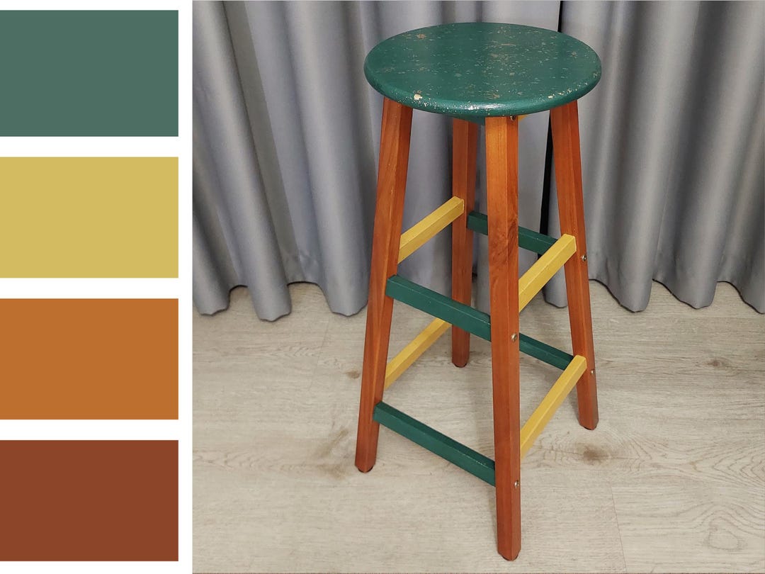 Wood Bar Stool With Colorful Accents, Rustic Style Stool, Christmas ...