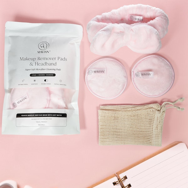 Make Up Remover Pads, Washable Bag & Headband Kit, Organic Facial Cloth,Reusable, Facial Cleansing,Face Cleansing Pads,Face Wipes,Resuable