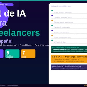 Puede incluir: Kit digital para freelancers en español, con 25 prompts, 5 flujos de trabajo y 7 áreas clave. Incluye prompts para correos electrónicos, LinkedIn y propuestas. Uso personal y comercial permitido. Descarga instantánea.