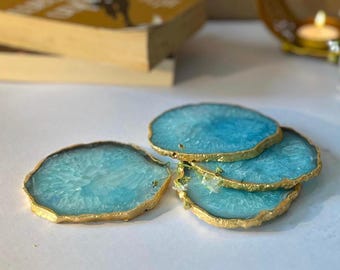 Aqua Blue Agate Coasters with Gold Rim - Set of 4/home decor