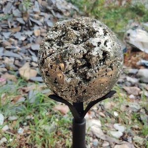 Large Druzy Pyrite Sphere with Stand – Natural Pyrite Crystal Ball, Shiny Golden Druzy, Protection & Abundance Stone, Healing Decor Gift