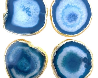 4-5 inch Natural Blue Agate Coaster with Gold Edge Trim - Birthday | Wedding | Housewarming - Home Décor, Drinkware Coaster