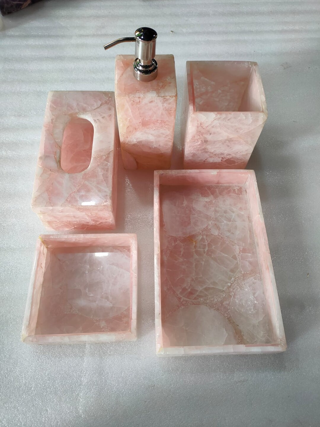 Natural Rose Quartz 5 Pcs Bathroom Set, Pink Rose Quartz Agate Bath Set