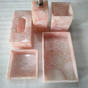 Natural Rose Quartz 5 Pcs Bathroom Set, Pink Rose Quartz Agate Bath Set, Modern Rose Quartz Bathroom Accessories, Bathroom Essentials