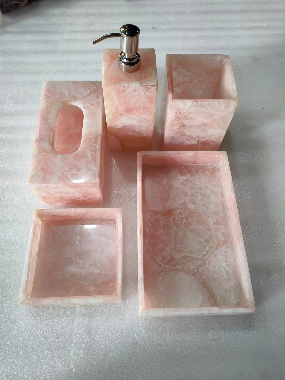 Natural Rose Quartz 5 Pcs Bathroom Set, Pink Rose Quartz Agate Bath Set