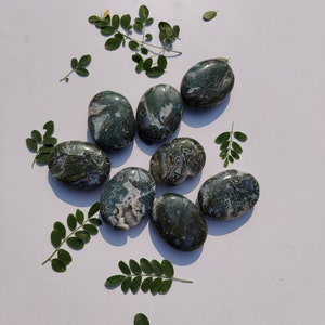 Moss Agate Palm Stone, green moss agate, crystal palm stone, worry stone, polished moss agate