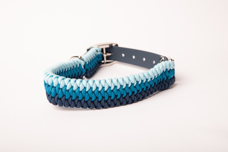 May include: A blue, teal, and light blue braided dog collar with a silver buckle.