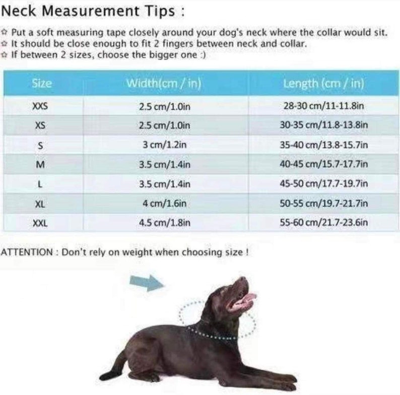 May include: A chart with instructions on how to measure a dog's neck for a collar. The chart shows different sizes with corresponding neck widths and lengths in inches and centimeters. The chart also includes a picture of a dog wearing a collar.