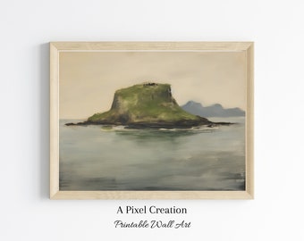 Vintage landscape printable,Coastal print,Island vintage,Moody Island Vintage Painting,Farmhouse Decor,Seascape.Moody Coastal Oil Painting