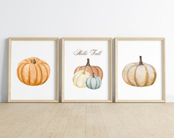 Herbst Wandkunst, Trio Design, Herbst Kürbis Drucke, Herbst Drucke, Herbst Home Decor, Thanksgiving Dekor, 3er Set Hallo Herbst Kürbis Drucke.